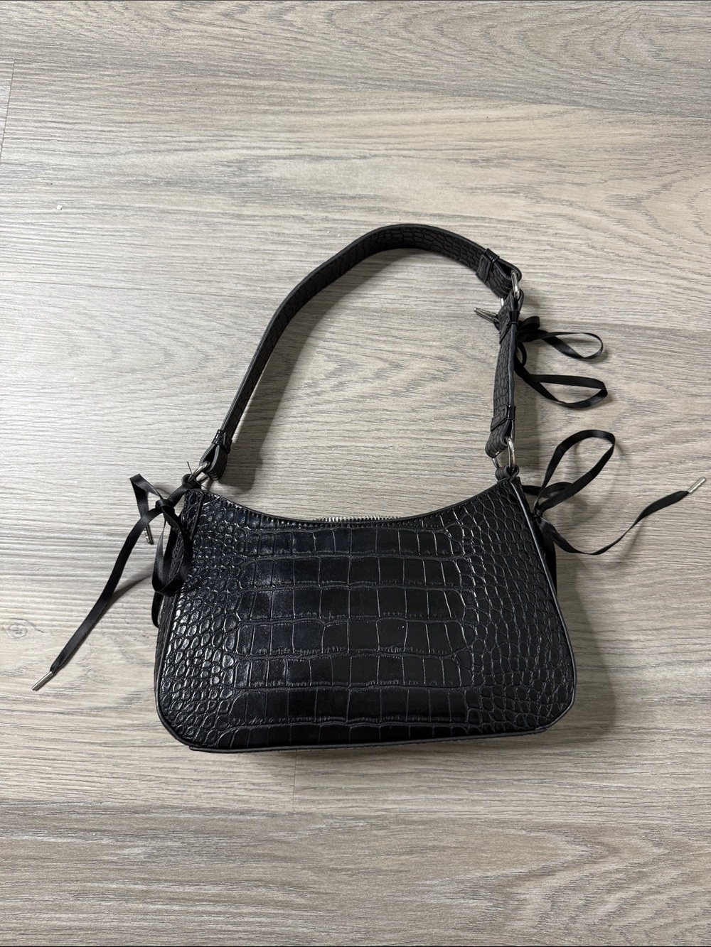 Croc-Embossed Black Shoulder Bag with Ribbon Tie Details